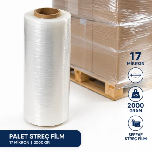 Palet streç film 17 mikron 2000 gr şeffaf ambalaj ve sarma streci