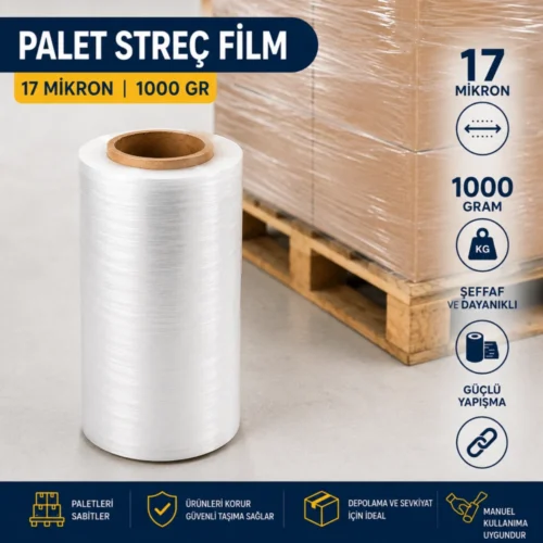 Palet streç film 17 mikron 1000 GR şeffaf ambalaj ve sarma streci