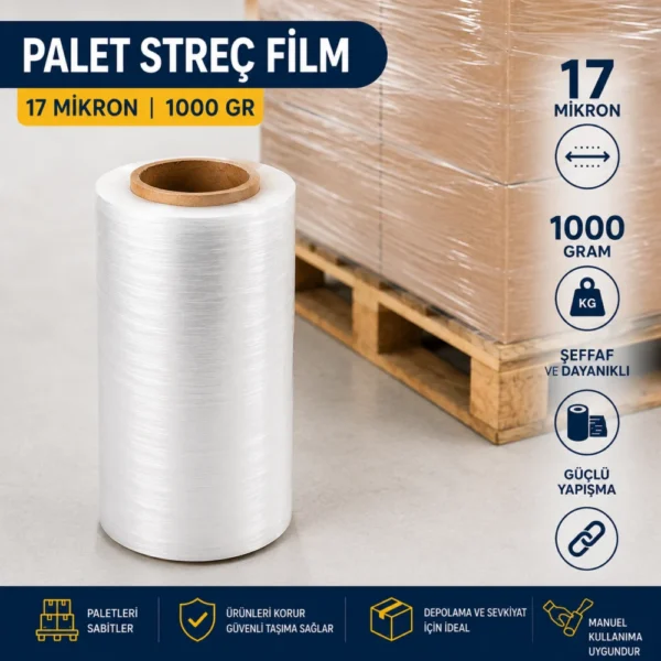 Palet streç film 17 mikron 1000 GR şeffaf ambalaj ve sarma streci