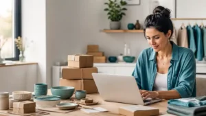Online pazaryeri için ürünlerini hazırlayan girişimci